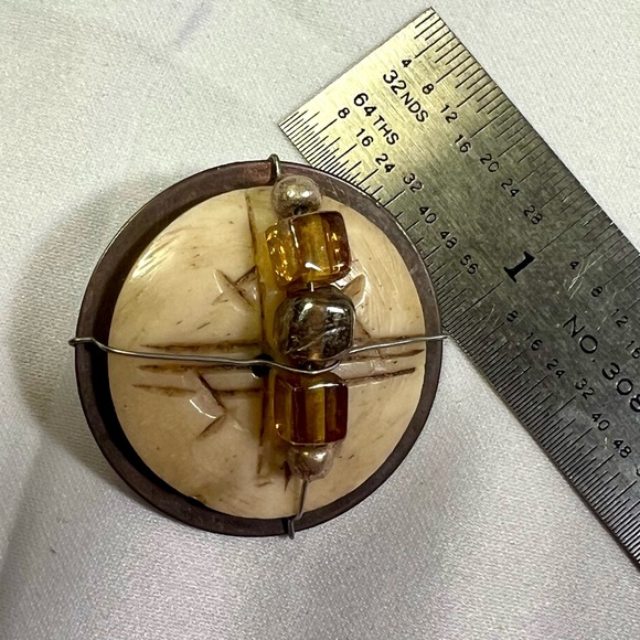 Earrings, copper metal and bones clip on earrings with Brown glass beads. - Picture 8 of 8